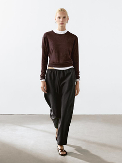 Massimo Dutti Свитер из 100% льна с круглым вырезом, коричневый