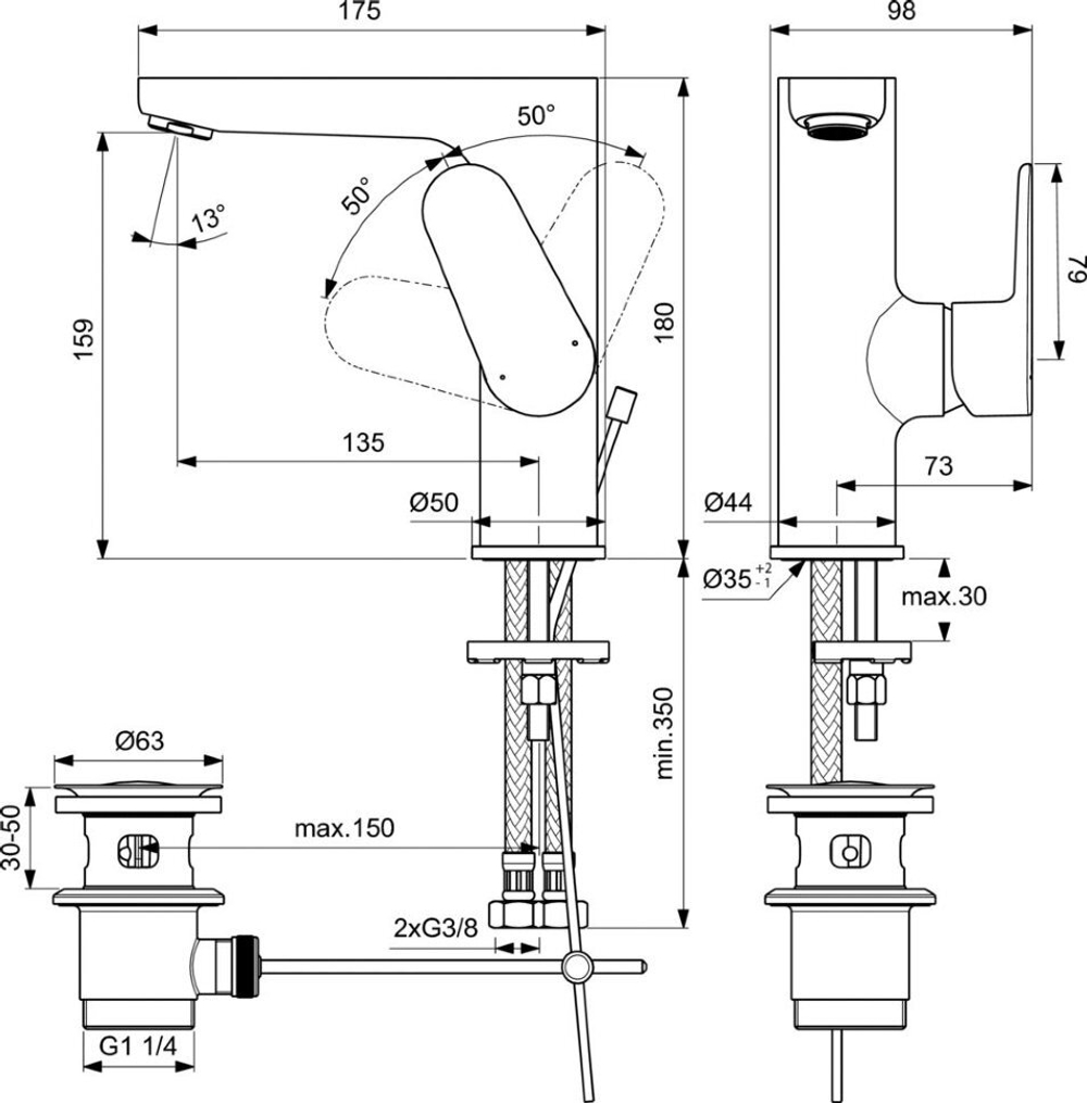 Однорукоятковый смеситель для умывальника с металлическим донным клапаном Ideal Standard CERAFINE O BC703XG