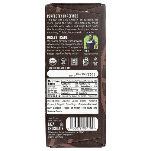 Taza Chocolate, 95% Dark Chocolate, Wicked Dark, Coconut, 2.5 oz (70 g)