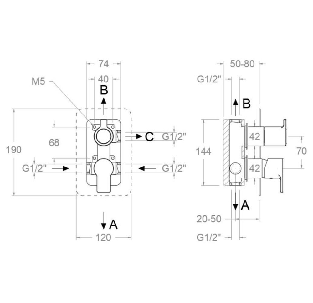 Встраиваемый смеситель для душа на 3 выхода BLAUTHERM 941513SOC золото