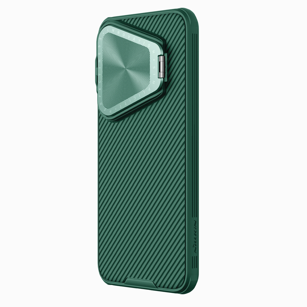 Чехол зеленого цвета (Deep Green) от Nillkin с металлической откидной крышкой для смартфона Huawei Pura 70, серия CamShield Prop Magnetic (с поддержкой магнитной беспроводной зарядки MagSafe)