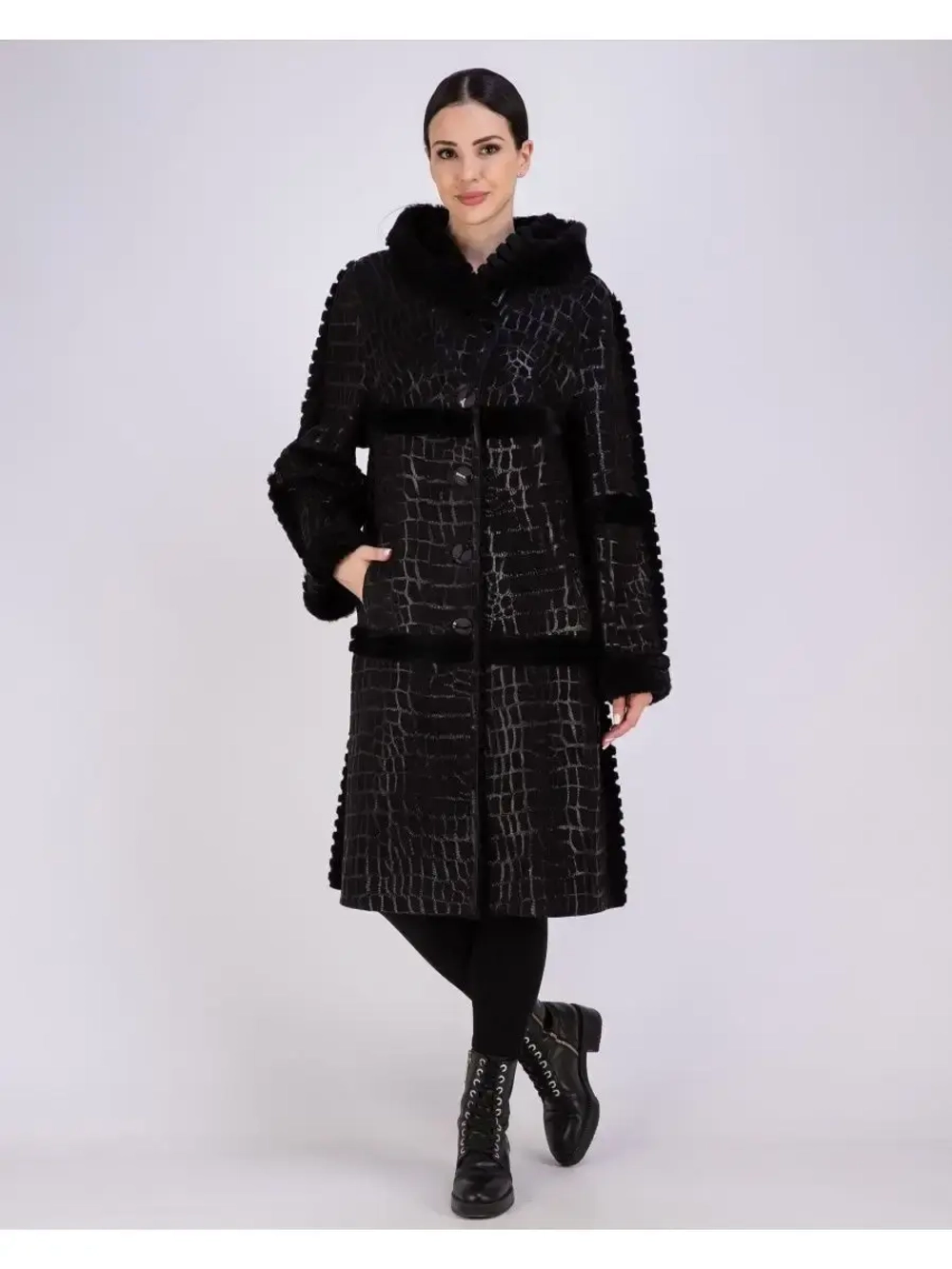 Дубленка женская натуральная длинная с капюшоном оверсайз