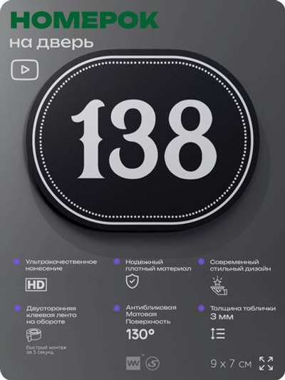 Номерок на дверь квартиры 138, для кабинета, офиса, шильдик 9 х 7 см, черный, Айдентика Технолоджи