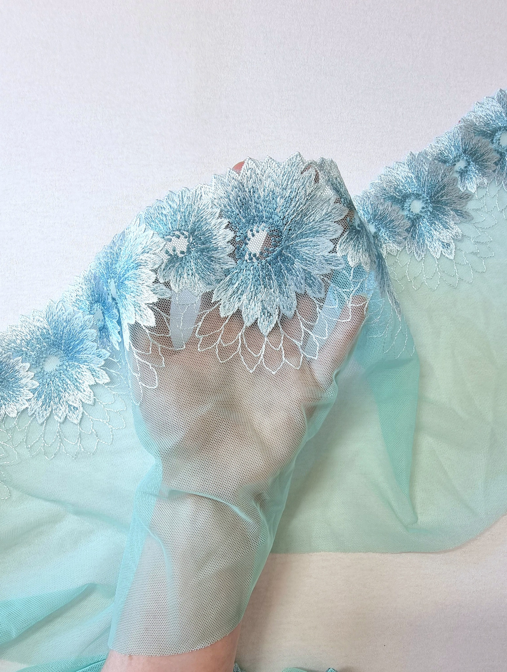 Вышивка на сетке ментоловая с цветами К182 правая