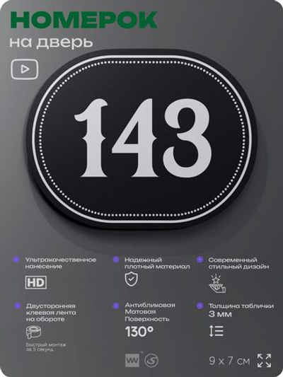 Номерок на дверь квартиры 143, для кабинета, офиса, шильдик 9 х 7 см, черный, Айдентика Технолоджи