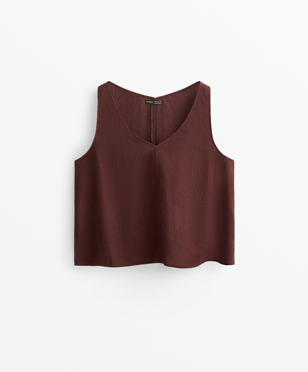 Oysho Топ из 100% льна с V-образным вырезом, шоколадный