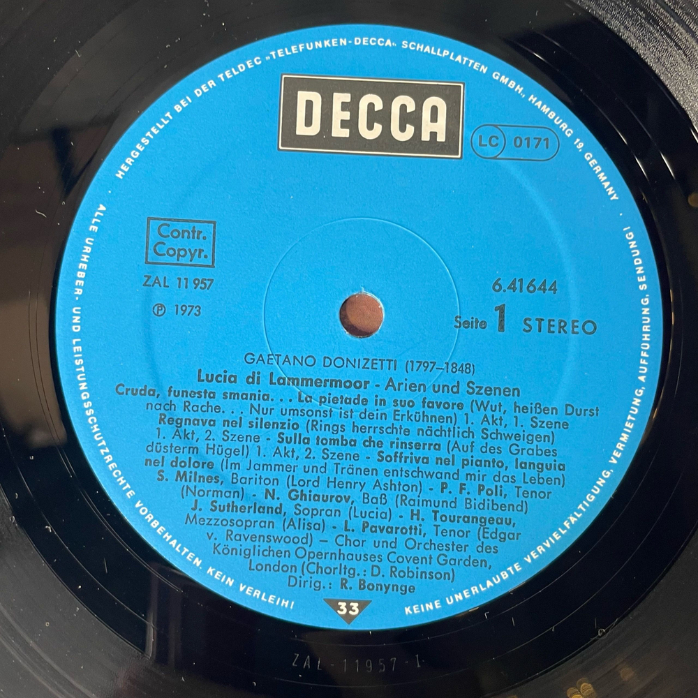Винтажная виниловая пластинка LP Donizetti, Sutherland, Pavarotti, Orchestra Of The Royal Opera House, Опера Лючия ди Ламмермур Lucia Di Lammermoor (Arien Und Szenen) (Германия 1976)