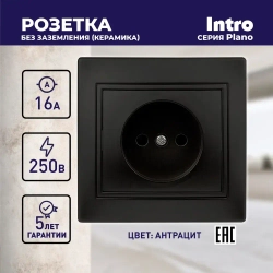 Розетка Intro Plano 1-201-05 без заземления 2P 16А-250В IP20 скрытой установки черный