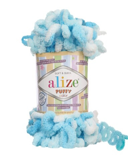Пуффи колор (Puffy color) пряжа Alize 100%микрополиэстер 5х100г/9 м (5924 белый-бирюза)