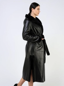 Дубленка зимняя шуба натуральная с капюшоном длинная