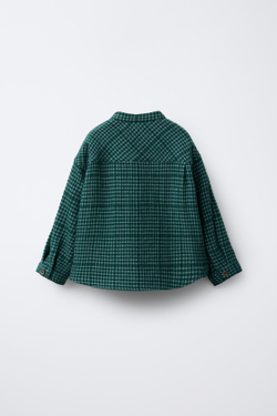 ZARA РУБАШКА В КЛЕТКУ С ВОРОТНИКОМ-СТОЙКОЙ, ЗЕЛЕНЫЙ