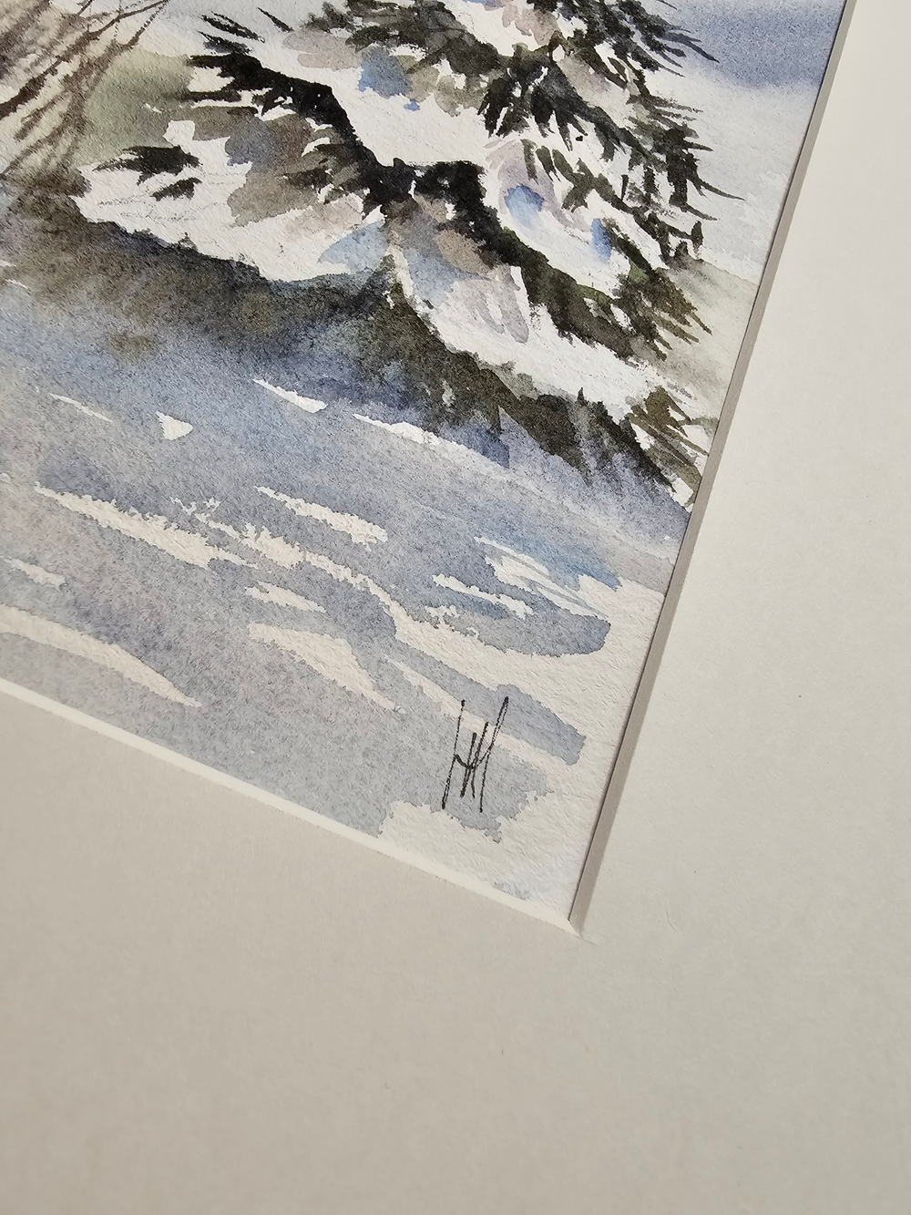 Картина авторская акварельная в паспарту 30х40 см на стену для интерьера "Поздний рассвет. Зима"