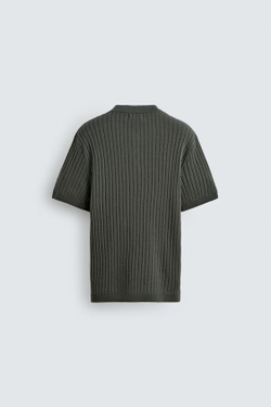 ZARA ФУТБОЛКА В РУБЧИК С ВОРОТНИКОМ ХЕНЛИ, ХАКИ