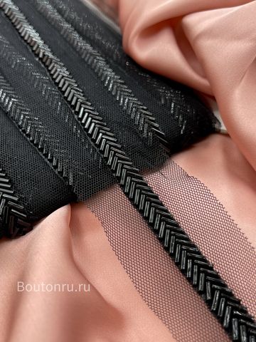 Тесьма черная стеклярус на сетке 4 см