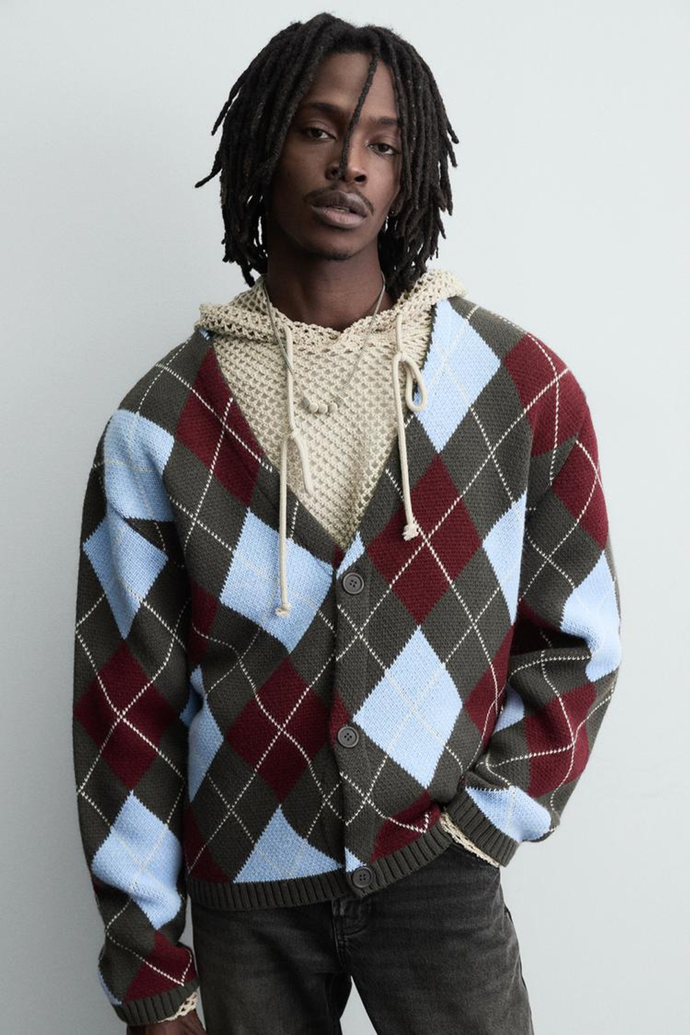 ZARA КАРДИГАН С УЗОРОМ "РОМБЫ", ШОКОЛАДНЫЙ