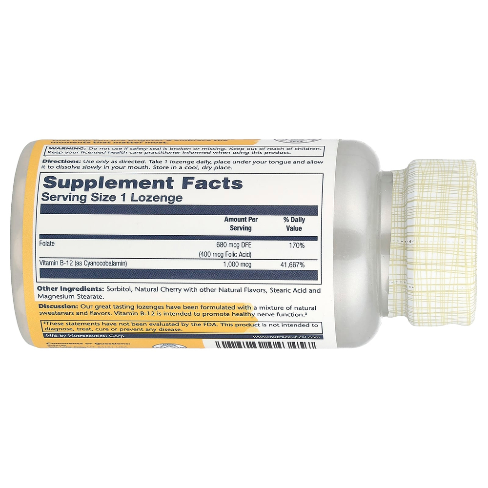 Solaray, Леденцы с фолиевой кислотой, витамин B12, натуральная вишня, 1000 мг, 90 пастилок