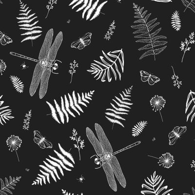 Листья цветы и насекомые на черном фоне