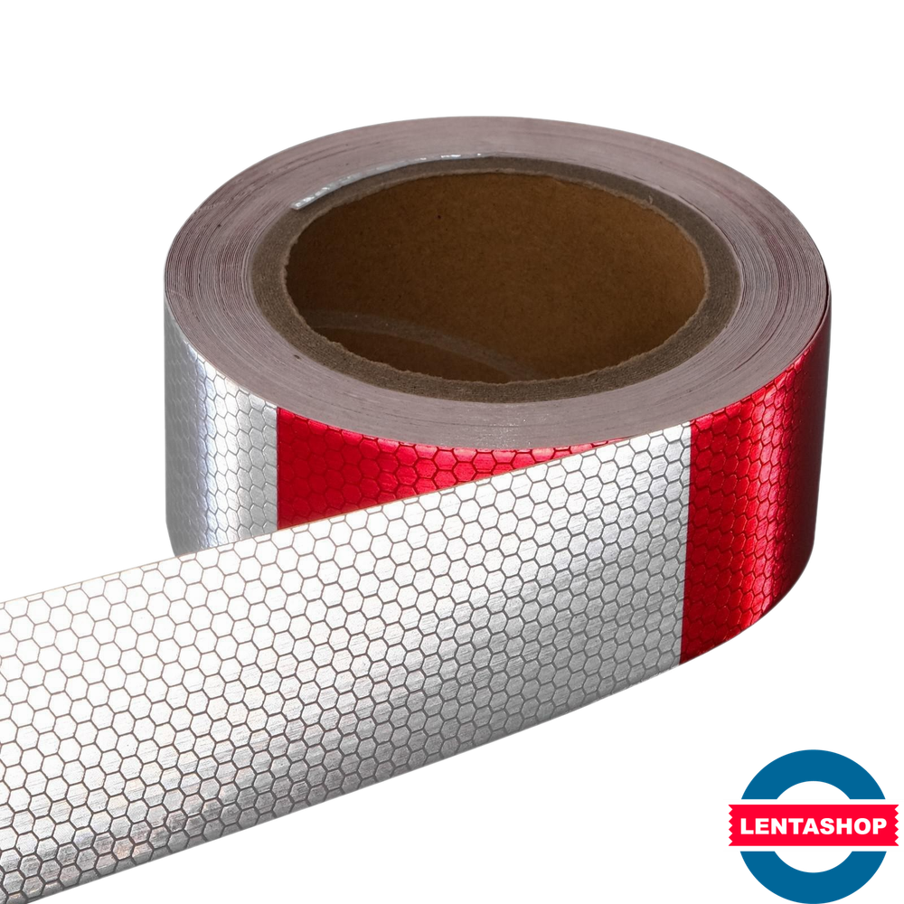 Красно-белая светоотражающая лента пунктирная 5 см х 15 метров