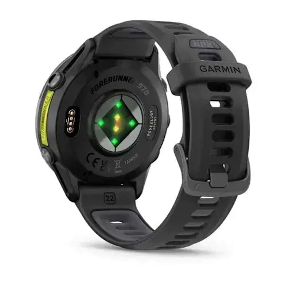 Умные часы Garmin Forerunner 970 угольно-серый DLC Titanium с черным корпусом и черным/прозрачным белым ремешком