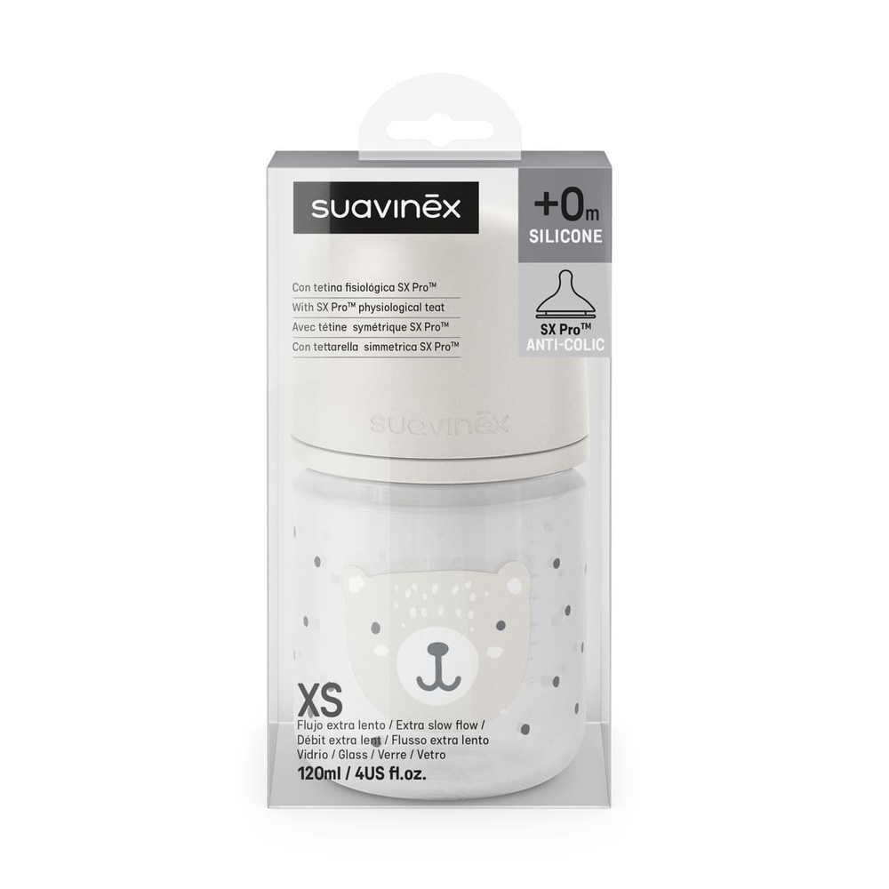 Стеклянная бутылочка для кормления Suavinex Wild 120 мл, 0+ мес, серая