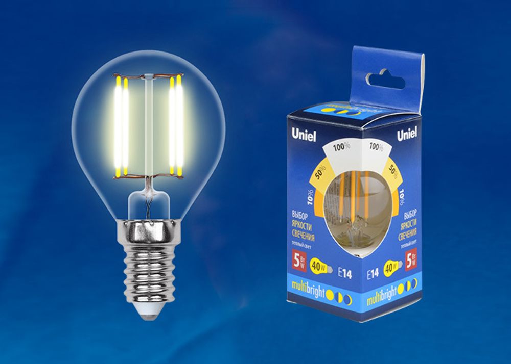 LED-G45-5W/WW/E14/CL/MB GLM10TR Лампа светодиодная. Форма «шар», прозрачная. Серия Multibright. Теплый белый свет (3000K). 100-50-10. Картон. ТМ Uniel