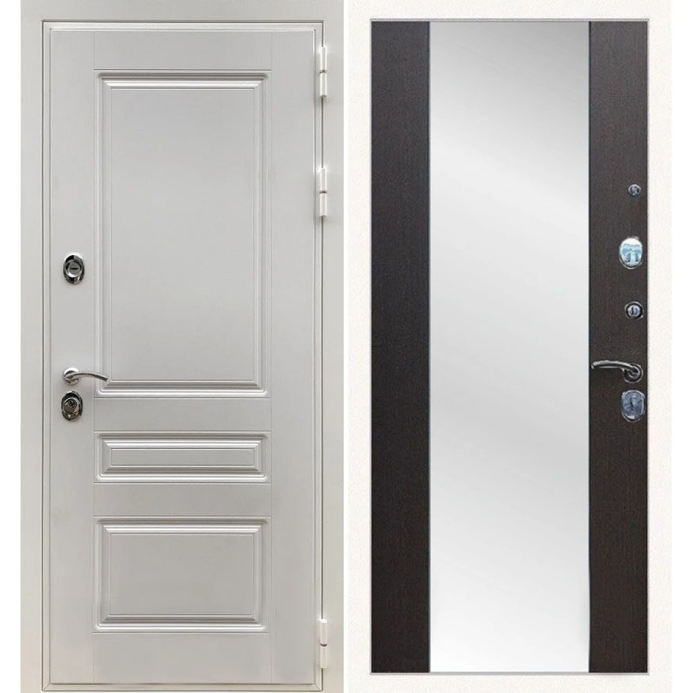 Входная металлическая белая дверь с зеркалом RеX (РЕКС) Премиум H белая ФЛ-243 силк сноу / СБ-16 Венге