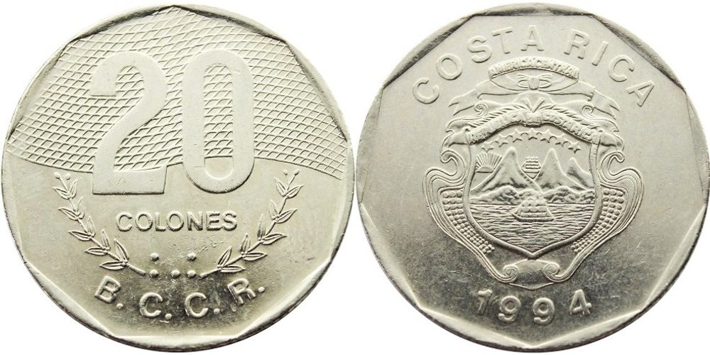 Коста-Рика 20 колонов, 1994 Герб XF