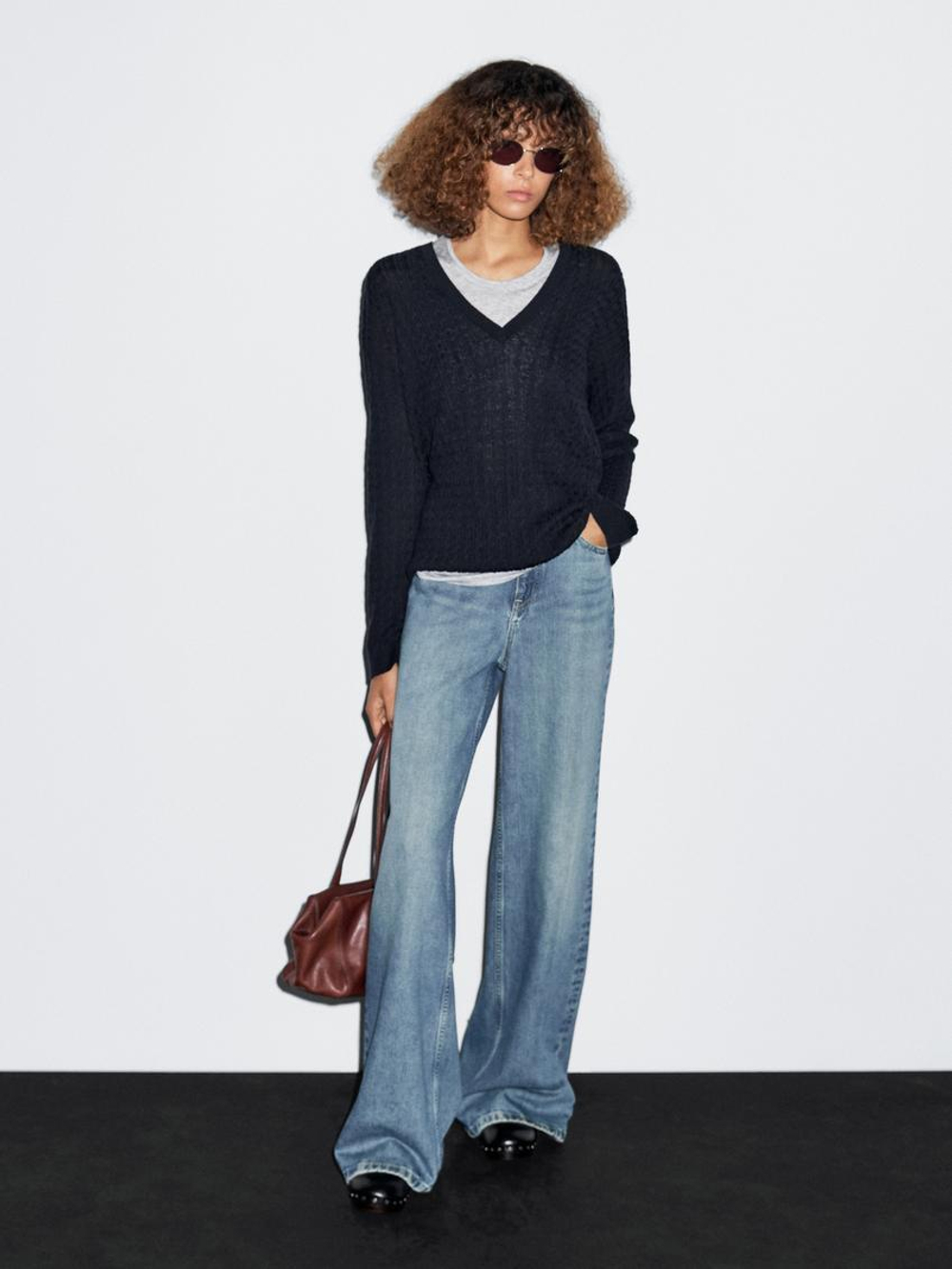 Massimo Dutti Свитер косовой вязки с V-образным вырезом, темно-синий