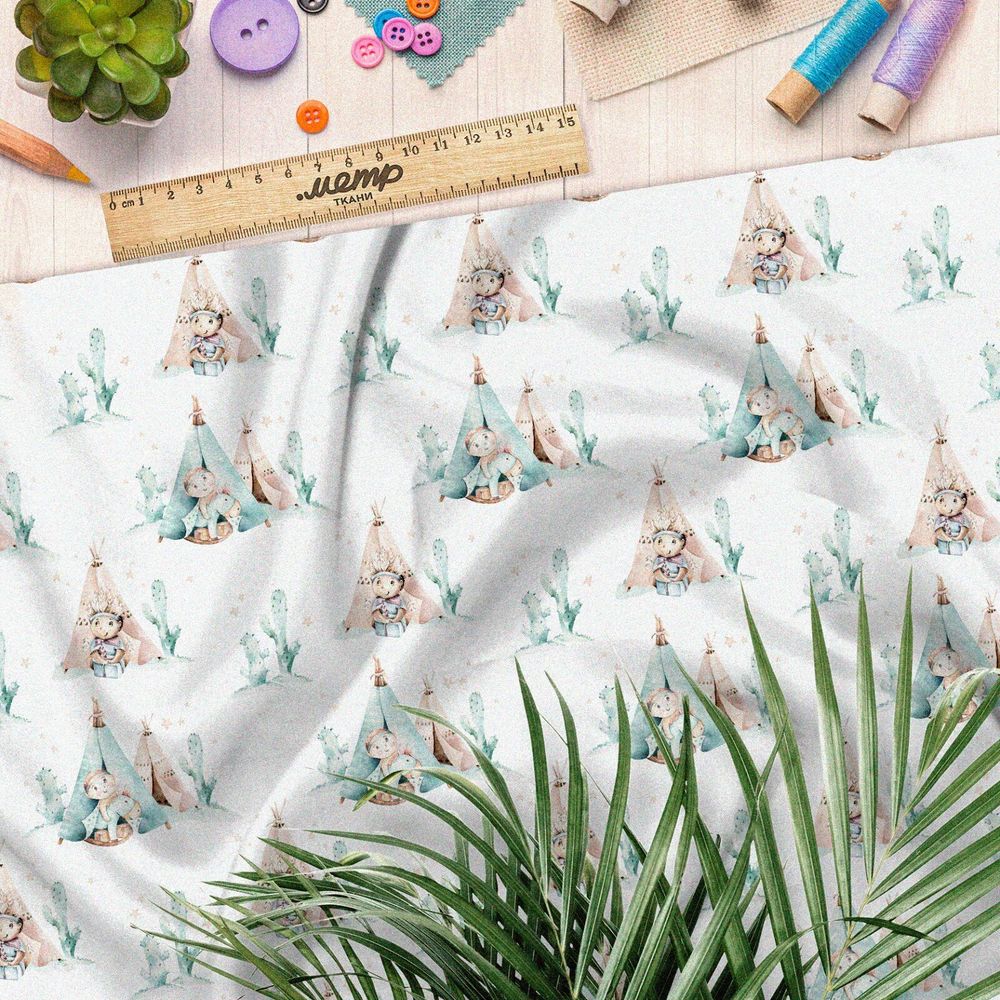 Ткань сатин нежные акварельные вигвамы