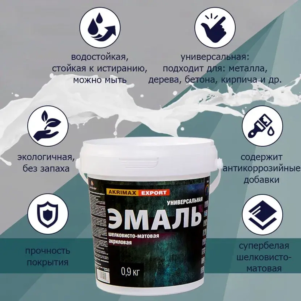 Краска, Эмаль без запаха 0,9 кг AKRIMAX эмаль для наружных и внутренних работ универсальная, водостойкая, краска по металлу, Акриловая быстросохнущая шелковисто-матовое покрытие, белый