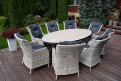 Комплекты садовой мебели из искусственного ротанга : обеденный стол ЛУГАНО ( 2.2Х 1.14 м) + 8 кресел БЕРГАМО(цвет серый)