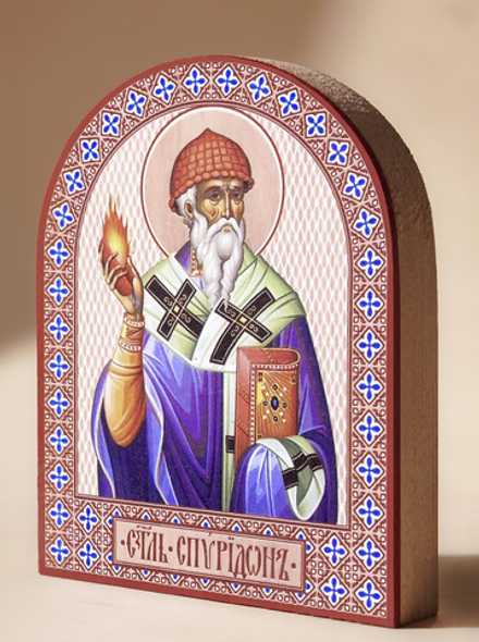 Икона аркой Спиридон Тримифунтский (с огнём), свт. на дереве: 95 х 120 (Синопсисъ)