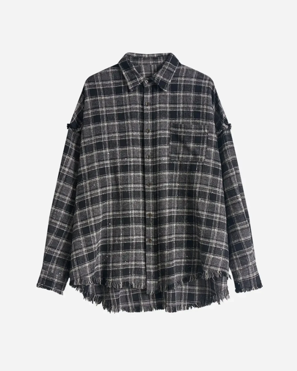 Рубашка в клетку с необработанным краем серо-черная