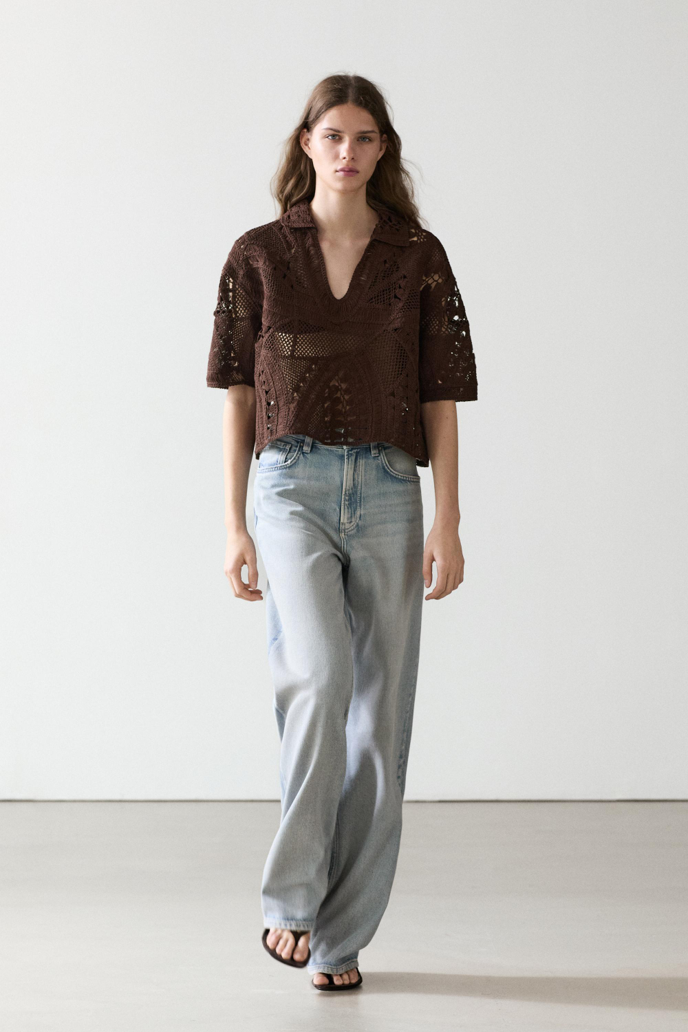 Massimo Dutti Поло из смесовой хлопковой ткани, коричневый