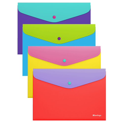 Папка-конверт на кнопке Berlingo "Raze" А4, 200мкм, софт-тач, с цветным клапаном, ассорти EFb_A4155