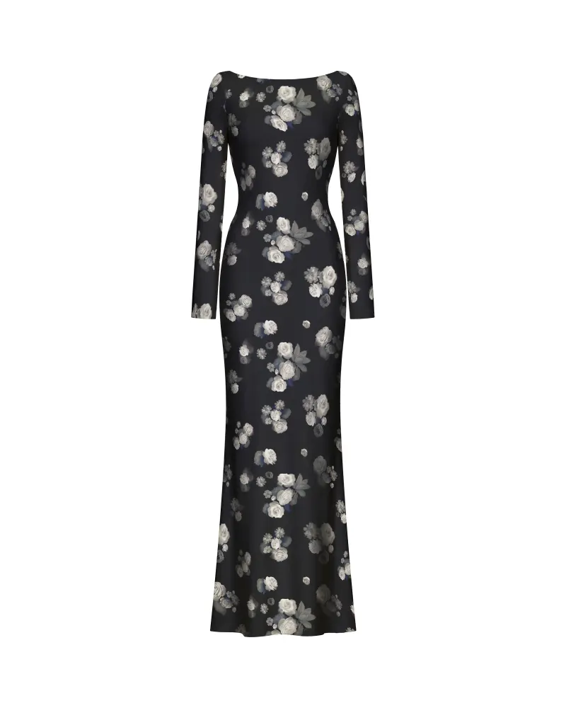 Нэтти макси (Netty maxi), платье макси из черного бифлекса с цветочным принтом