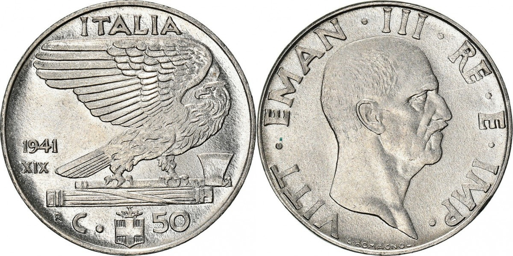Италия 50 чентезимо, 1939 - 1943 Король Виктор Эммануил III XF
