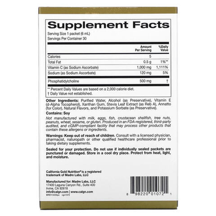 California Gold Nutrition, липосомальный витамин C, 1000 мг, 30 пакетиков по 6 мл (0,2 жидк. унции)