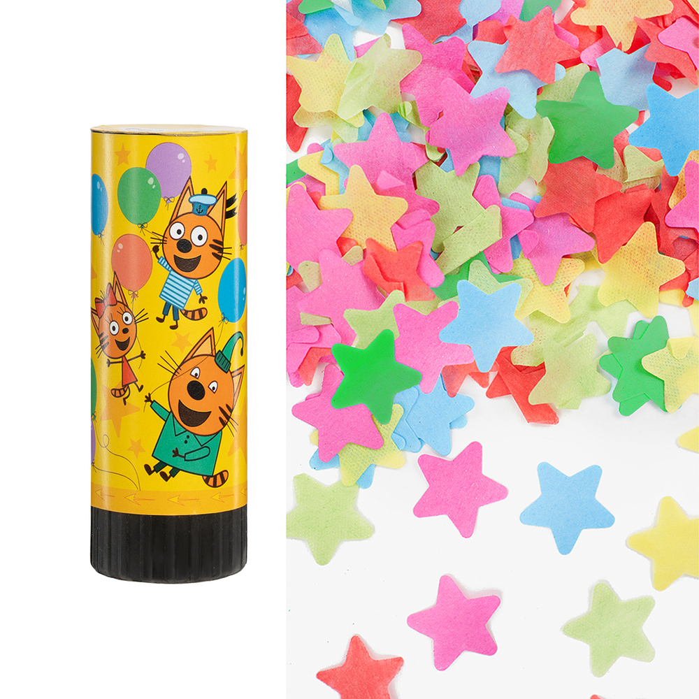 Пружинная хлопушка «Три кота» с тишью в форме звезд, 10 см.