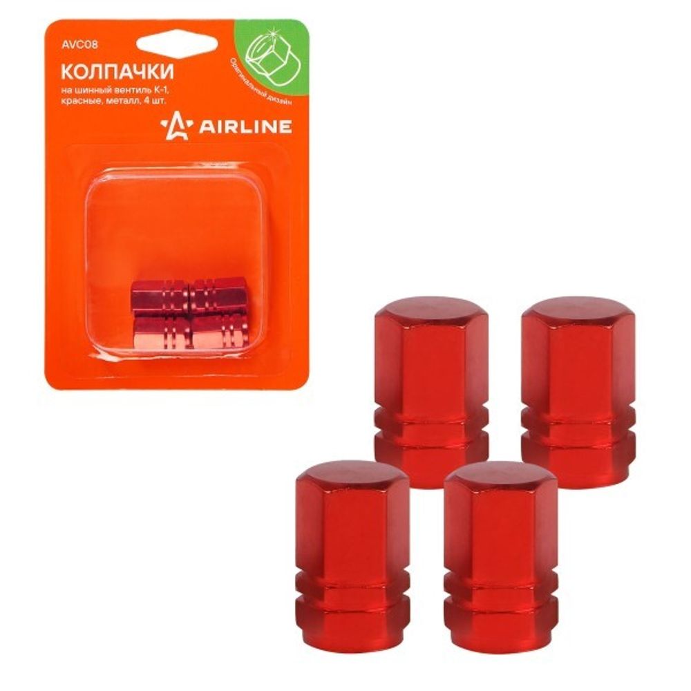 Колпачки на шинный вентиль K-1, красные, металл (4 шт в уп.) (AIRLINE)