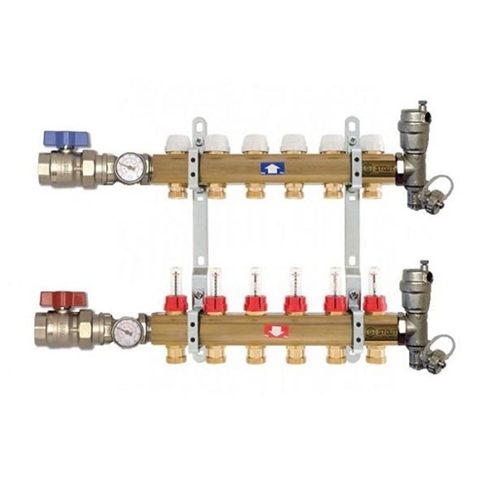 Коллекторная группа в сборе STOUT - 1&quot; на 8 контуров 3/4&quot; (латунь, с расходомерами)