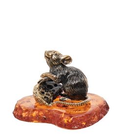 Народные промыслы AM-1116 Фигурка «Мышь с сыром» (латунь, янтарь)