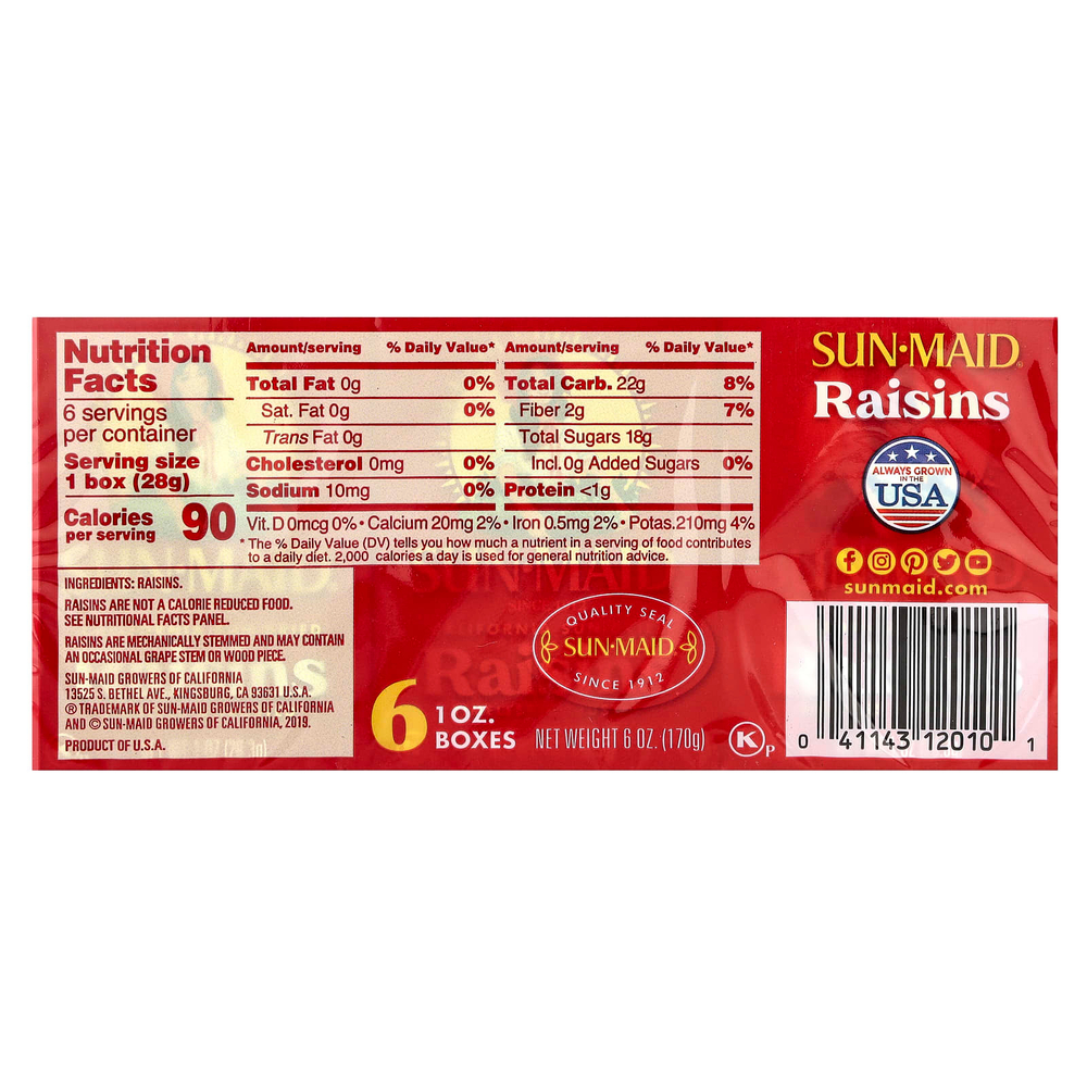 Sun-Maid, Калифорнийский сушеный на солнце изюм, 6 коробок по 28,3 г (1 унция)