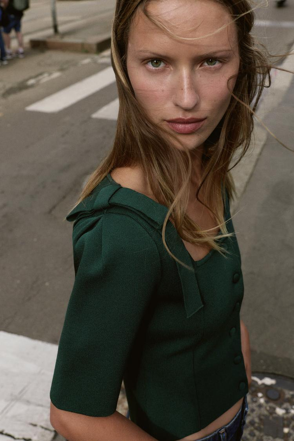 ZARA ВЯЗАНЫЙ КАРДИГАН С ЗАВЯЗКАМИ НА ПЛЕЧАХ, ЗЕЛЕНЫЙ