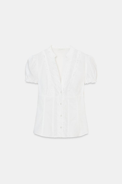 ZARA РУБАШКА ИЗ ПОПЛИНА С ВОЛАНАМИ, БЕЛЫЙ