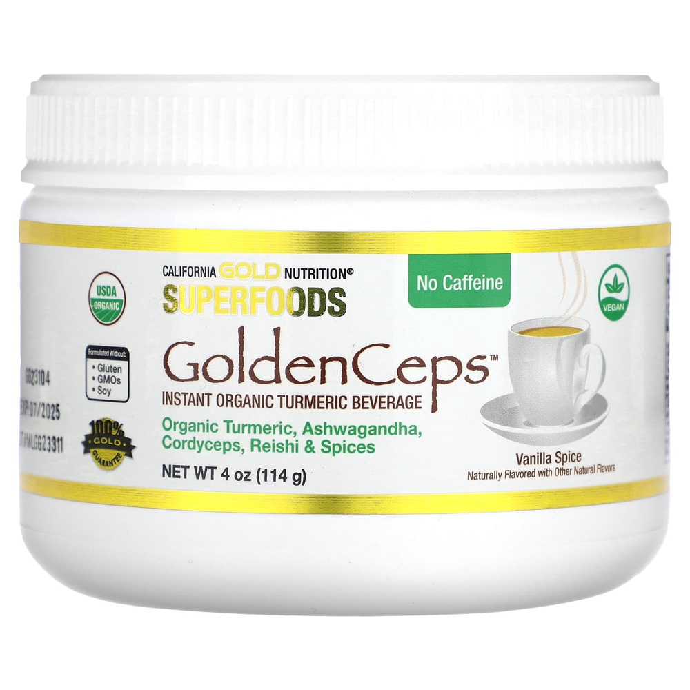 California Gold Nutrition, Superfoods, GoldenCeps, органическая куркума с ашвагандой, кордицепсом и рейши, 114 г (4 унции)