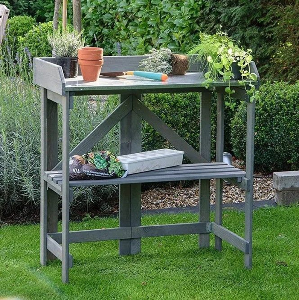 Садовый стол деревянный для сада и дачи с цинковой столешницей, для пересадки растений и цветов