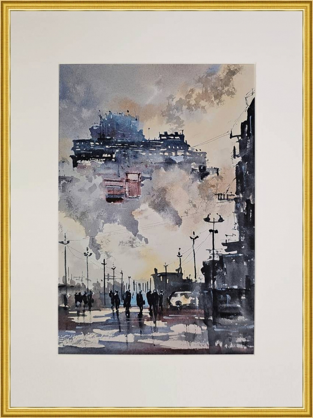 Картина авторская акварельная в паспарту 30х40 см на стену для интерьера "Индустриальный пейзаж"