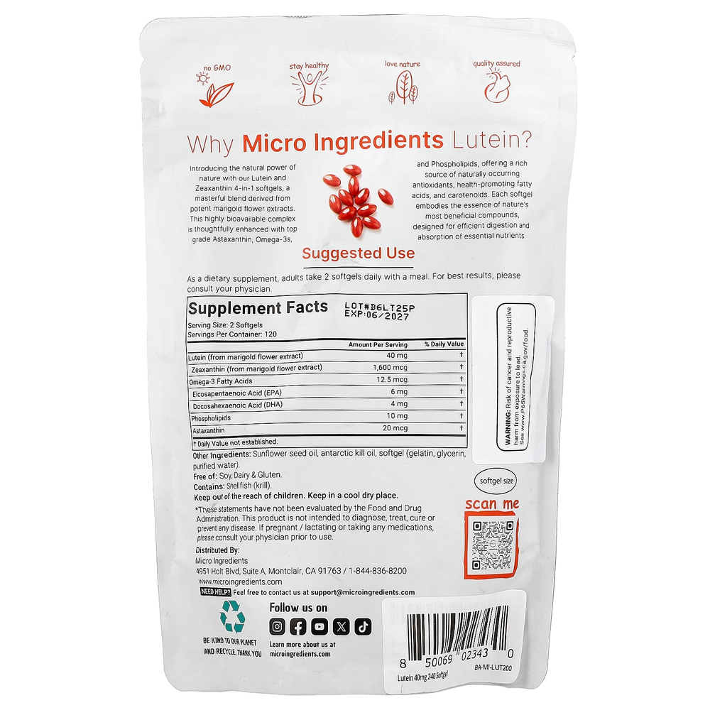 Micro Ingredients, лютеин с зеаксантином, 240 мягких таблеток