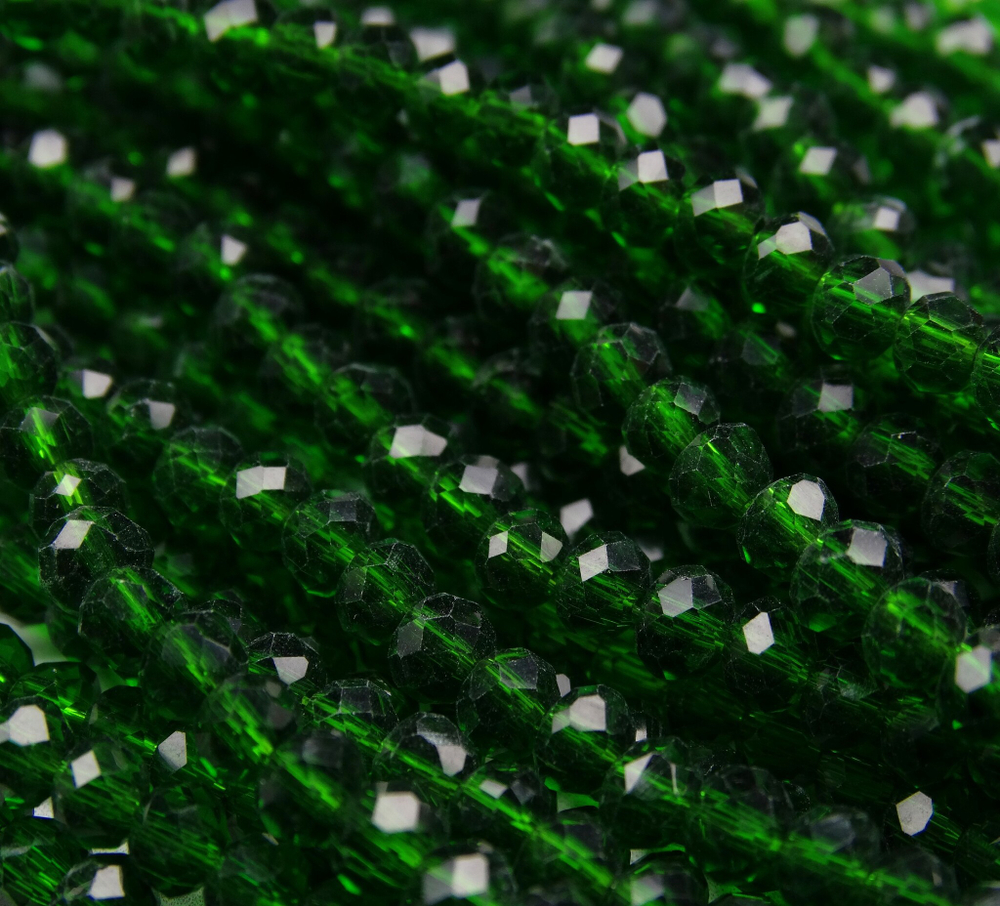 БП022НН34 Хрустальные бусины "рондель", цвет: темно-зеленый прозрачный, 3х4 мм, кол-во: 95-100 шт.